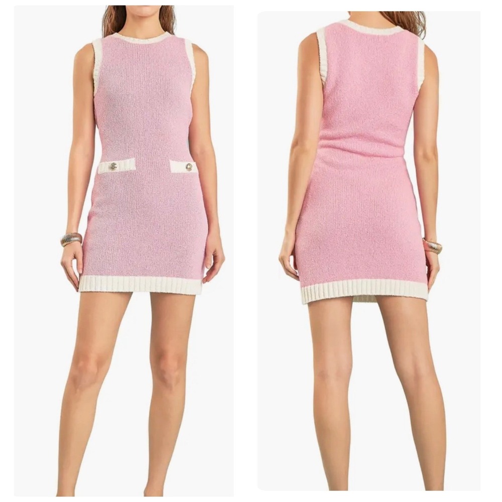 Endless Rose Pink White Trim Sleeveless Knit Dress Button Pocket XL Barbiecore